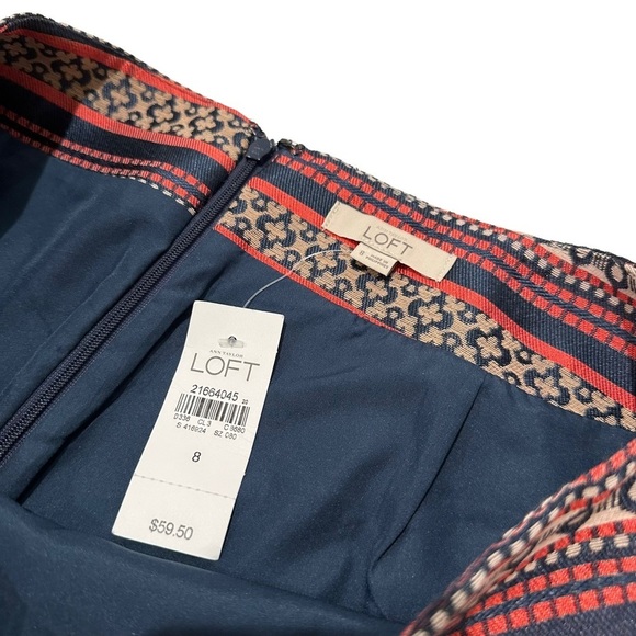 NWT Women’s Ann Taylor LOFT Navy Blue Gold Aztec Stripe Cotton Shift Skirt 8 - Picture 7 of 10